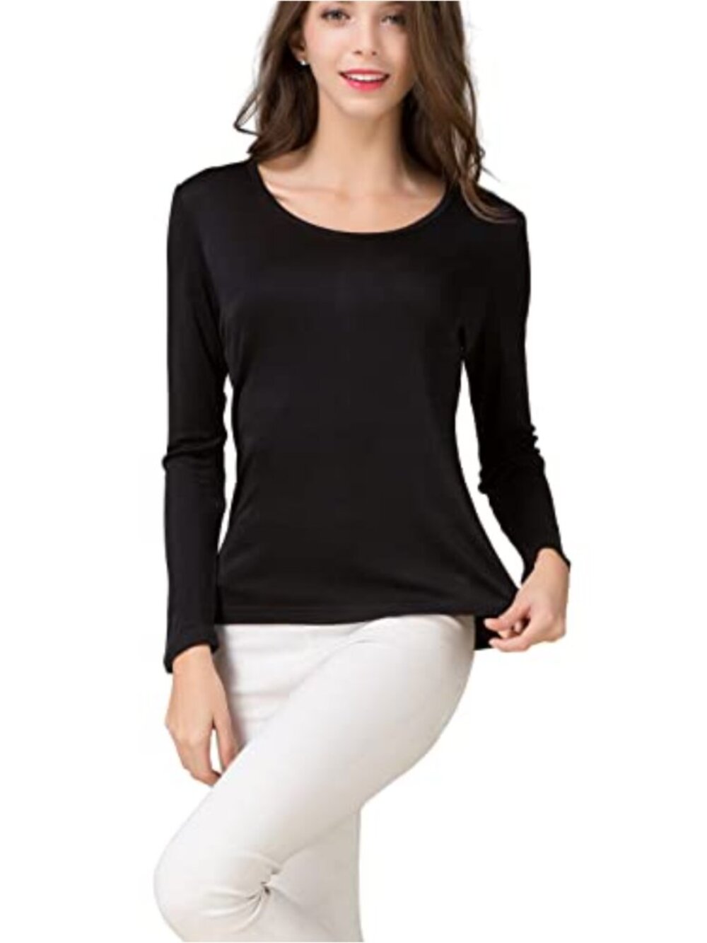 100% Mulberry Silk Long Sleeve Crew Neck Tee Stretch Knit Pullover Blouse